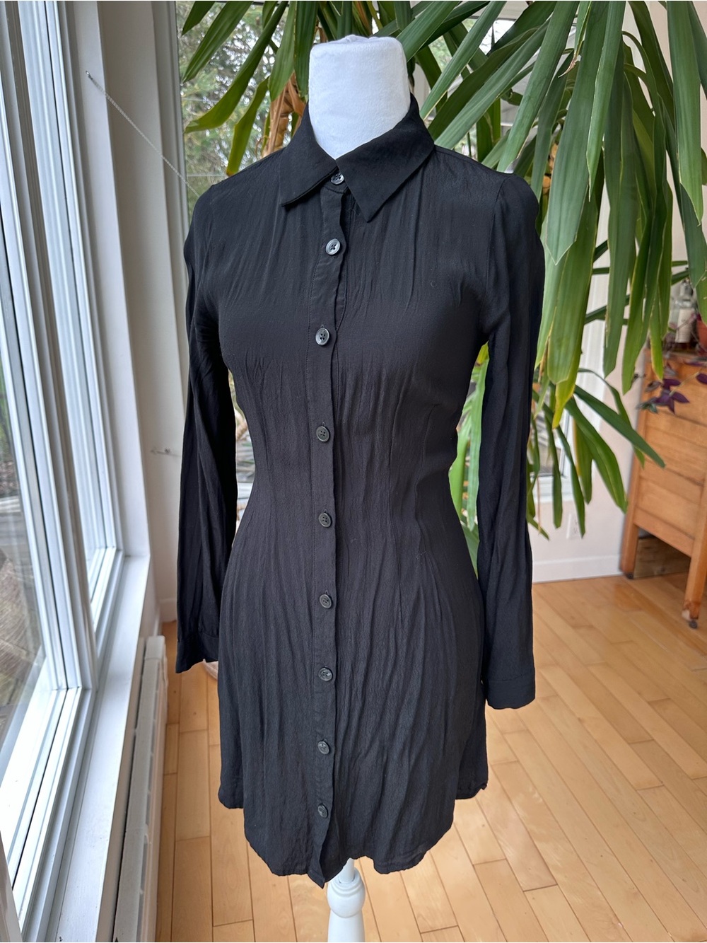 twik Black Long-Sleeve Button-Front Shirt Dress
